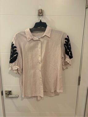 Chico's Pale Pink Button-Front Blouse with Black Embroidered Sleeves